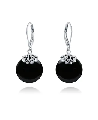 Western Style Filigree Lever Back Gemstones Black Onyx Flat Round Circle Disc Dangle Drops Earrings For Women .925 Sterling Silver