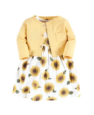 Hudson Baby Girls Cotton Dress and Cardigan Set, Sunflower, 9-12 Months