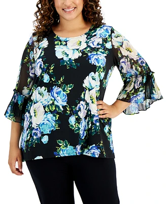 Jm Collection Plus Size Printed Pleat-Sleeve Top, Created for Macy's