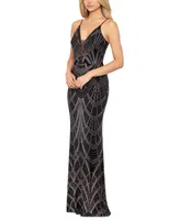 Betsy & Adam Women's Plunge-Neck Mesh-Inset Glitter-Print Gown