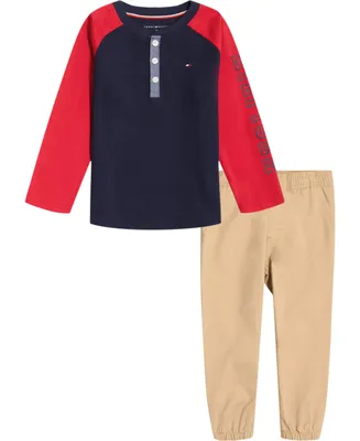 Tommy Hilfiger Baby Boys Long Sleeve Colorblock Henley T-shirt and Sueded Twill Joggers, 2 Piece Set