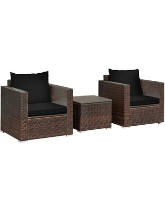 3PCS Patio Rattan Furniture Set Conversation Sofa Cushioned