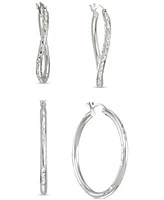 2-Pc. Set Textured Wavy & Round Hoop Earrings in Sterling Silver