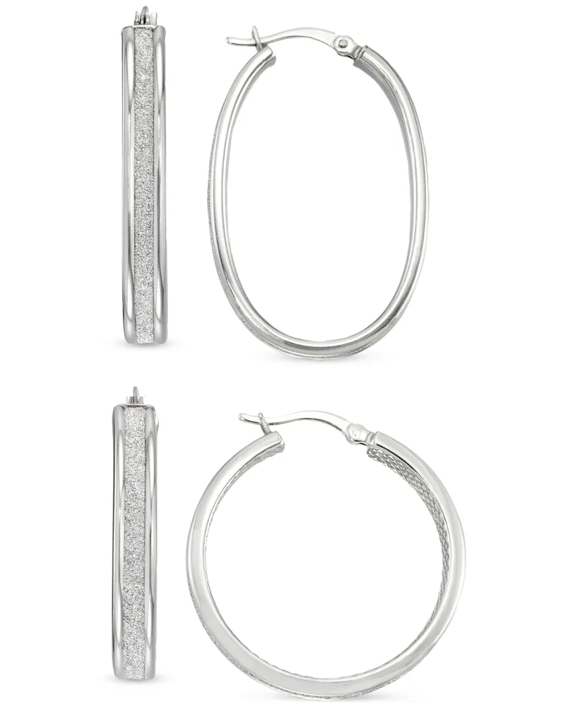 2-Pc. Set Glitter Oval & Round Hoop Earrings in Sterling Silver