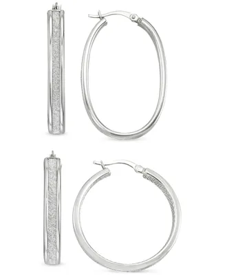 2-Pc. Set Glitter Oval & Round Hoop Earrings in Sterling Silver