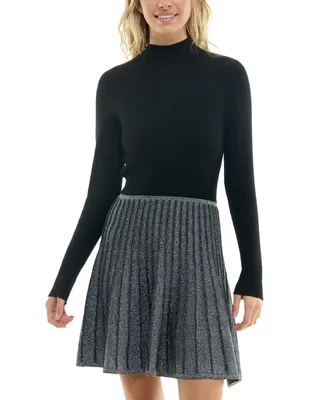 Bcx Juniors' Mock-Neck Pleat-Skirt Fit & Flare Sweater Dress