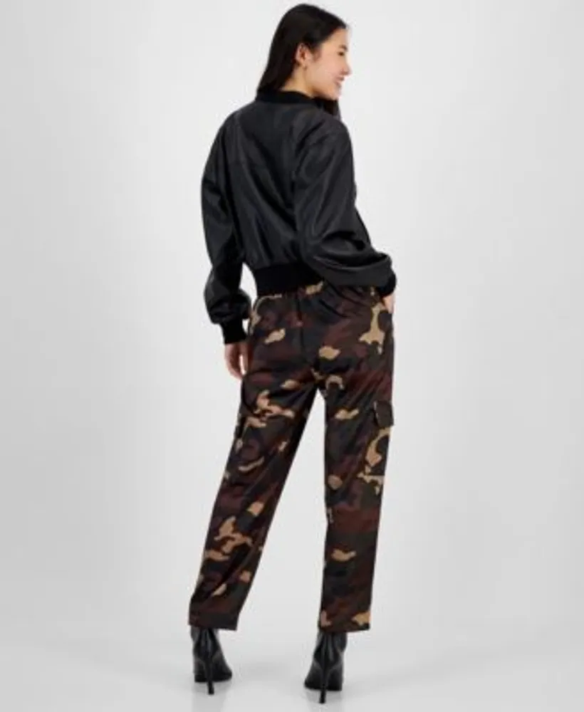 Bar Iii Womens Faux Leather Bomber Jacket Ottman Scoop Neck Tank Camo Washed Satin Cargo Pants Created For Macys