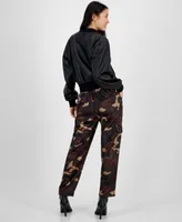 Bar Iii Womens Faux Leather Bomber Jacket Ottman Scoop Neck Tank Camo Washed Satin Cargo Pants Created For Macys