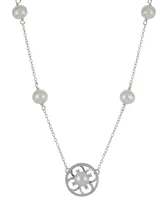 Cultured Freshwater Pearl (5 - 6-1/2mm) & Lab-Created White Sapphire (1/20 ct. t.w.) Flower 18" Pendant Necklace in Sterling Silver