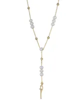 Cultured Freshwater Pearl (4 - 4 1/2mm) Cross 18" Lariat Necklace in 14k Gold-Plated Sterling Silver