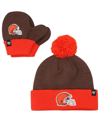 Infant Boys and Girls '47 Brand Brown, Orange Cleveland Browns Bam Bam Cuffed Knit Hat with Pom and Mittens Set