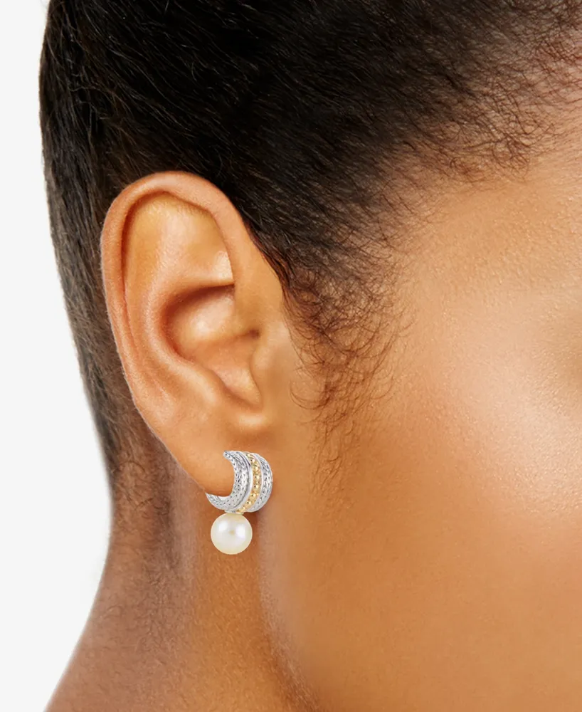 Cultured Freshwater Pearl (7mm) Huggie Hoop Earrings in Sterling Silver & 14k Gold-Plate