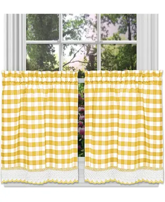 Kate Aurora 2 Piece Country Farmhouse Buffalo Plaid Rod Pocket Cafe Tier Curtain Panels With Macrame Border