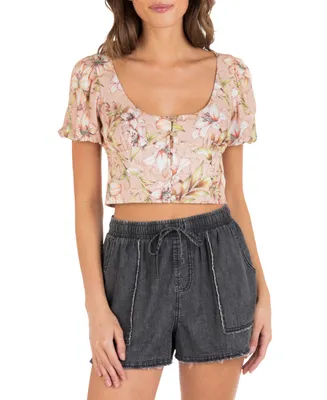 Hurley Juniors' Lily Floral-Print Bubble-Sleeve Cropped Top
