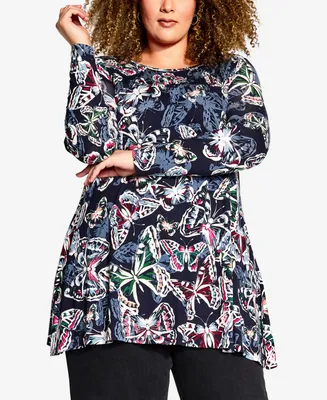 Avenue Plus Casey Smock Print Tunic Top