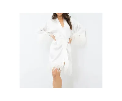 Women's Silk Robe - Short Ostrich Feather Trim Hem and Sleeve Collection