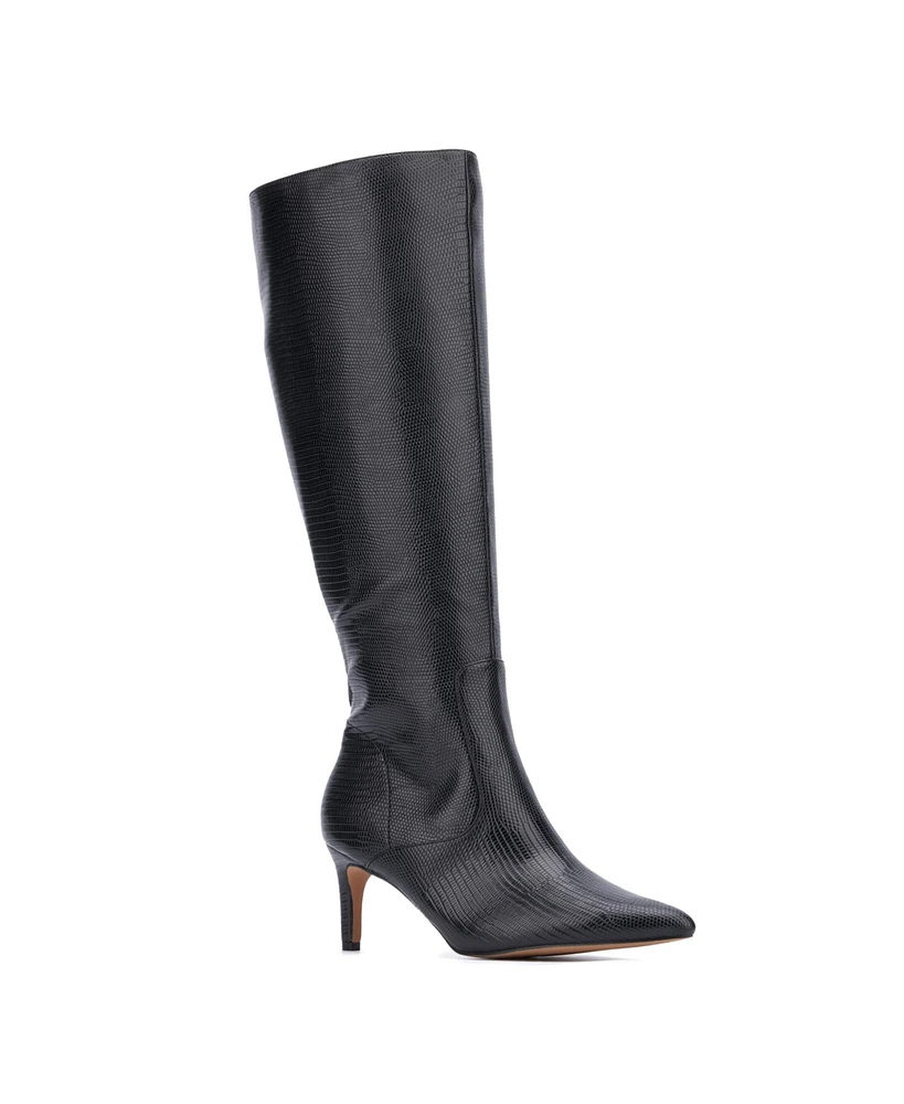 New York & Company Women's Piper- Croc Embossed Kitten Heel Knee-High Boots Dress