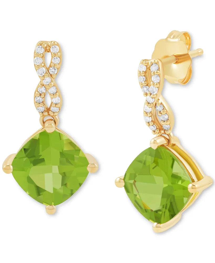 Peridot (3-1/5 ct. t.w.) & Diamond (1/10 ct. t.w.) Cushion Drop Earrings in 14k Gold