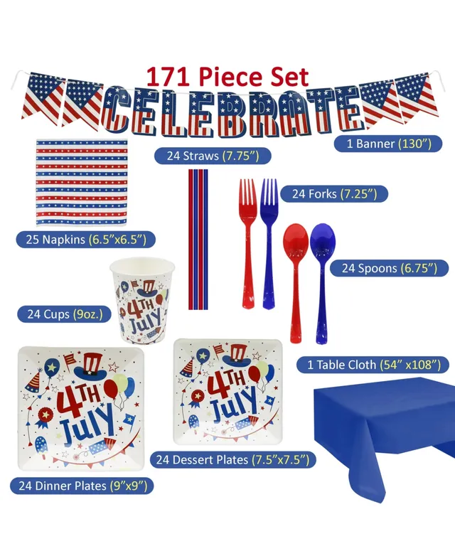 Puleo Disposable 4th of July Party Set, Serves 24, with Large and Small  Paper Plates, Paper Cups, Straws, Napkins, Plastic Utensils, Tablecloth and  Banner