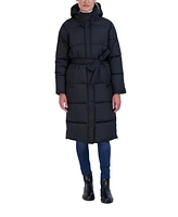 Sebby Collection Women's Long Puffer Jacket with Hood and Belt