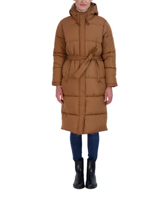 Sebby Collection Women's Long Puffer Jacket with Hood and Belt