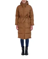 Sebby Collection Women's Long Puffer Jacket with Hood and Belt