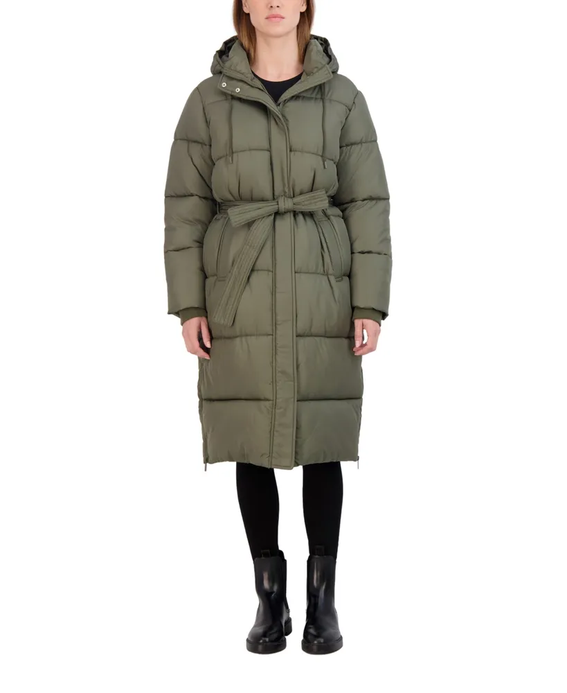 Sebby Collection Women's Long Puffer Jacket with Hood and Belt