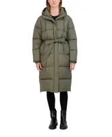 Sebby Collection Women's Long Puffer Jacket with Hood and Belt