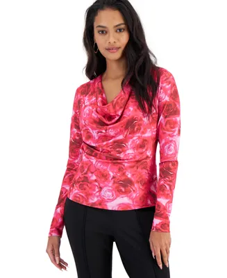 Bar Iii Petite Printed-Crepe Cowlneck Top, Created for Macy's