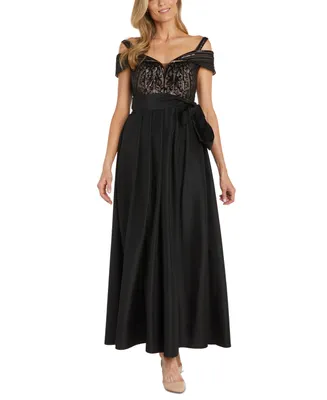 R & M Richards Women's Sequined Cold-Shoulder Gown