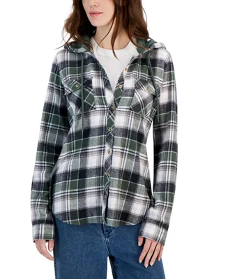 Just Polly Juniors' Plaid Sherpa Hooded Button-Up Shacket