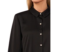 CeCe Women's Luxe Satin Imitation Pearl Button Down Blouse