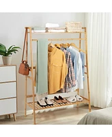 Costway 2-Tier Bamboo Garment Rack Clothing Storage Organizer Coat Hanger w/ Rod & Hooks