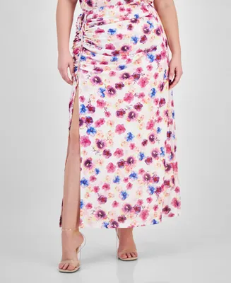 Bar Iii Plus Printed Ruched Slit-Front Mesh Maxi Skirt, Created for Macy's