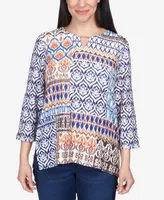 Alfred Dunner Petite Autumn Weekend Printed Patchwork Split Neck Top