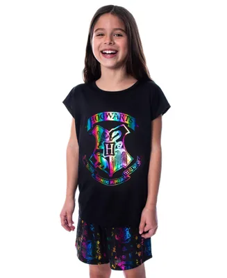 Harry Potter Girls' Hogwarts Rainbow Hologram T-Shirt and Shorts Kids Pajama Set