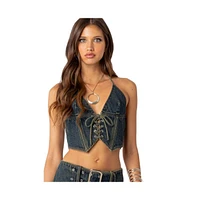 Women's Elara washed denim lace up corset top