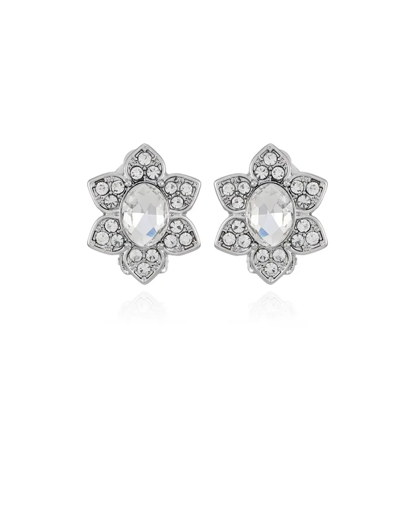 T Tahari Silver-Tone Clear Glass Stone Flower Stud Clip-On Earrings