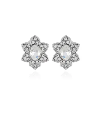 T Tahari Silver-Tone Clear Glass Stone Flower Stud Clip-On Earrings