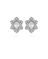 T Tahari Silver-Tone Clear Glass Stone Flower Stud Clip-On Earrings