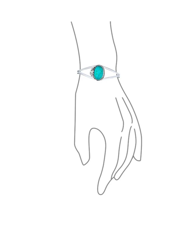 Bling Jewelry Nature Leaf Flowers Round Cabochon Statement Turquoise Wide Cuff Bracelet For Women .925 Sterling Silver