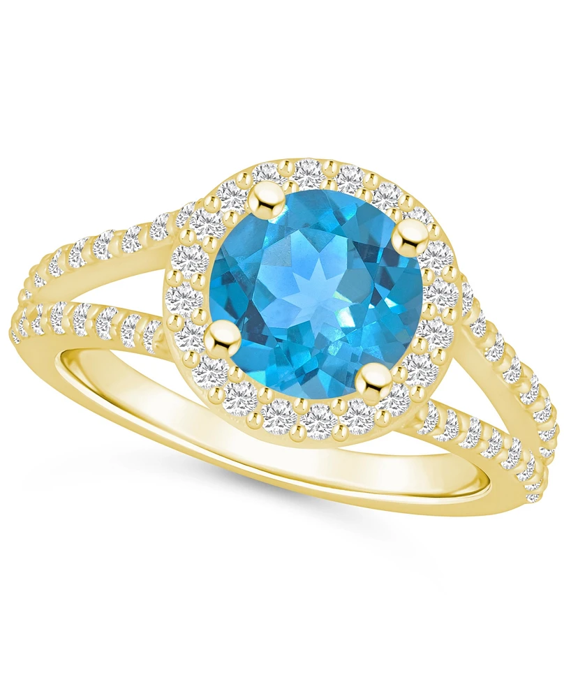 Macy's Blue Topaz (2-3/8 ct. t.w.) and Diamond (1/2 Halo Ring 14K Yellow Gold