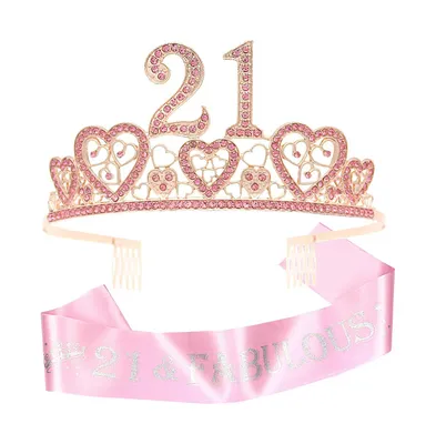 21st Birthday Sash and Tiara Set for Women - Glitter Sash with Hearts Rhinestone Pink Premium Metal Tiara, Perfect for 21st Birthday Party and Gifts