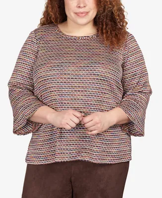 Alfred Dunner Plus Size Autumn Weekend Space Dye Stripe Flutter Sleeve Top