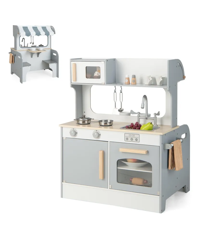 2 in 1 Kids Play Kitchen& Restaurant Double Sided Wooden Kitchen Playset Toddler