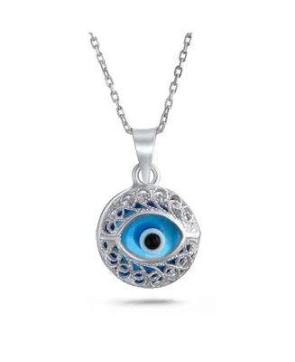 Bling Jewelry Spiritual Protection Amulet Round Circle Moving Floating Blue Evil Eye Filigree Charm Pendant Necklace For Women Sterling Silver