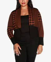 Belldini Black Label Women's Plus Multi Houndstooth Cropped Sweater Blazer