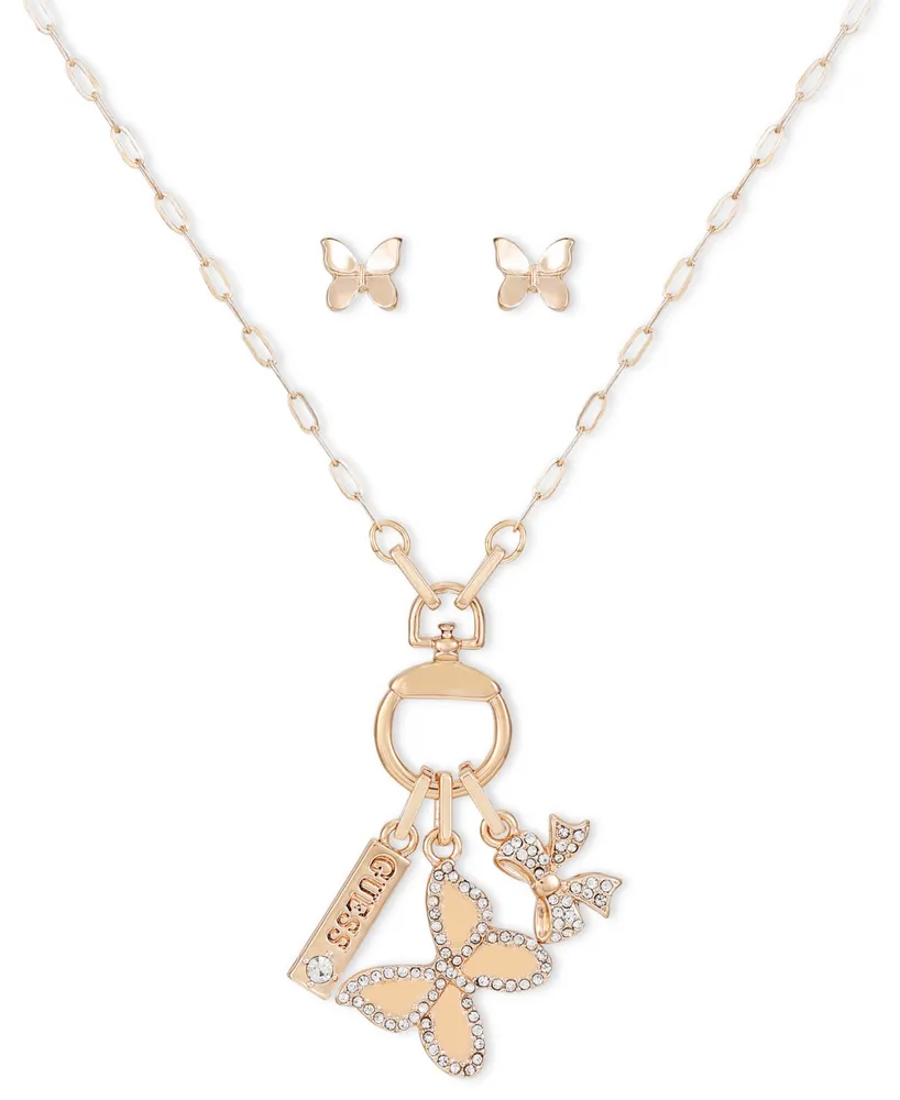 Guess Butterfly Charm Pendant Necklace & Stud Earrings Gift Set