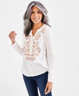 Style & Co Women's Embroidered Henley Knit Top, Regular and Petite, Created for Macy's