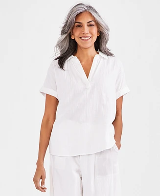 Style & Co Women's Cotton Gauze Popover Collared Top, Created for Macy's
